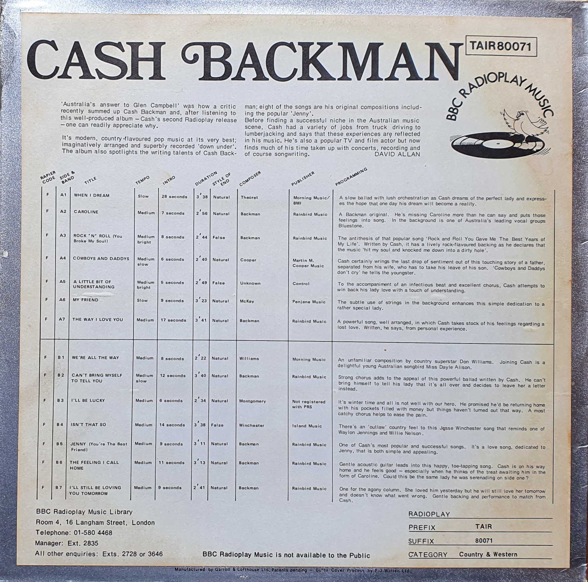 Picture of TAIR 80071 Cash Backman by artist Cash Backman from the BBC records and Tapes library